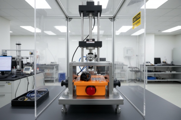 Impact resistance test rig pressing rugged SIP phone in laboratory chamber