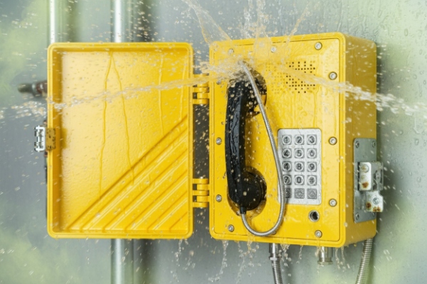 Waterproof industrial emergency phone splashed with water, showing rugged keypad and handset