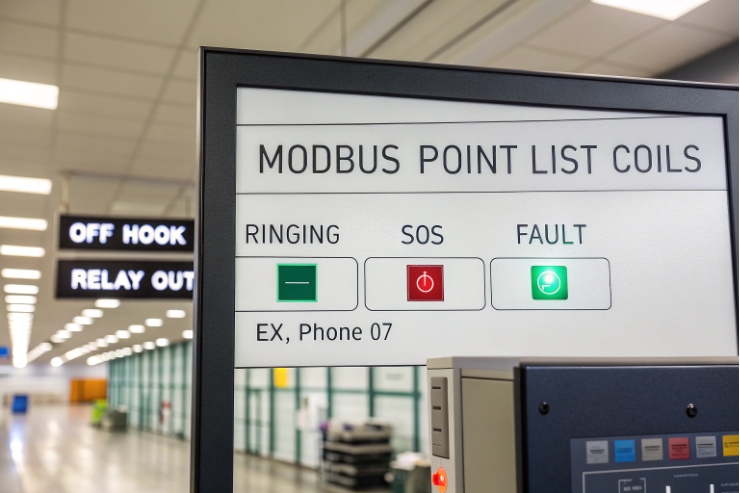 Modbus point list screen showing ringing, SOS, and fault status for Ex phone.