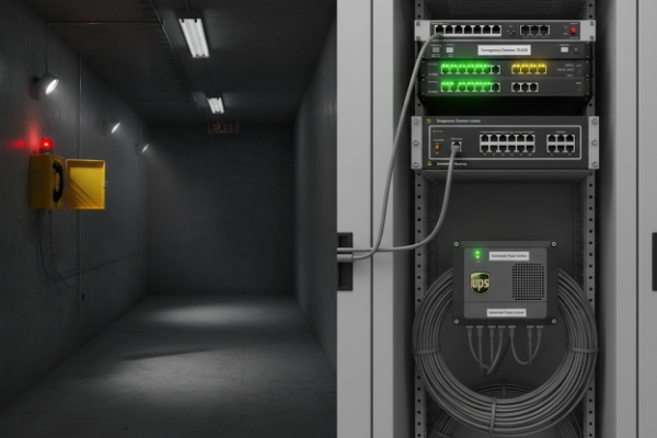 Network rack with switches and UPS supporting emergency intercom phone in dark corridor