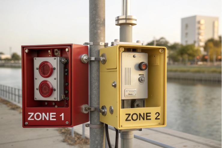 Zone 1 alarm speaker and Zone 2 call box mounted on pole near waterfront