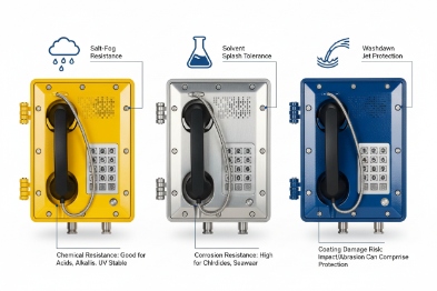 Three SIP industrial phones showing salt-fog, chemical splash, and washdown protection options