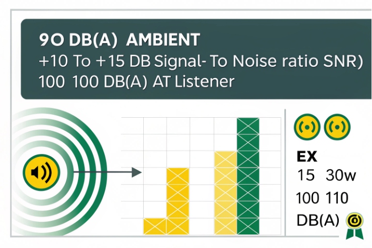 Infographic showing 90 dB(A) ambient noise, target +10 to +15 dB SNR, and required SPL at listener (EX 15–30W ~100–110 dB(A))