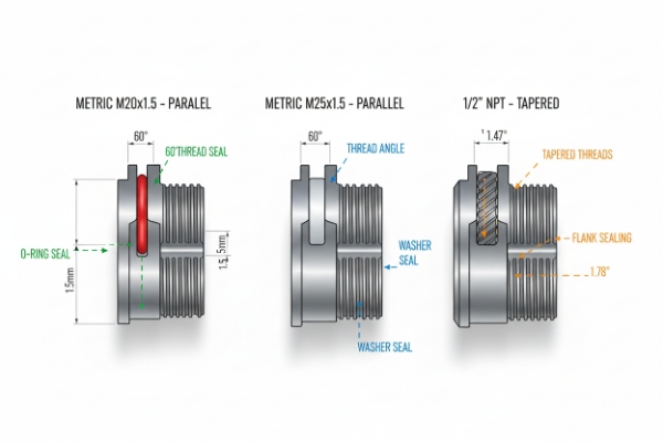 Thread seal diagram comparing M20x1.5, M25x1.5, and 1/2 NPT tapered threads