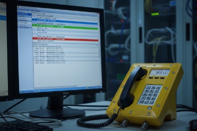 Industrial SIP desk phone beside network test software on monitor in lab environment