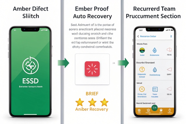 Mobile app screens illustrate error detection, auto recovery process, and restored user interface flow.