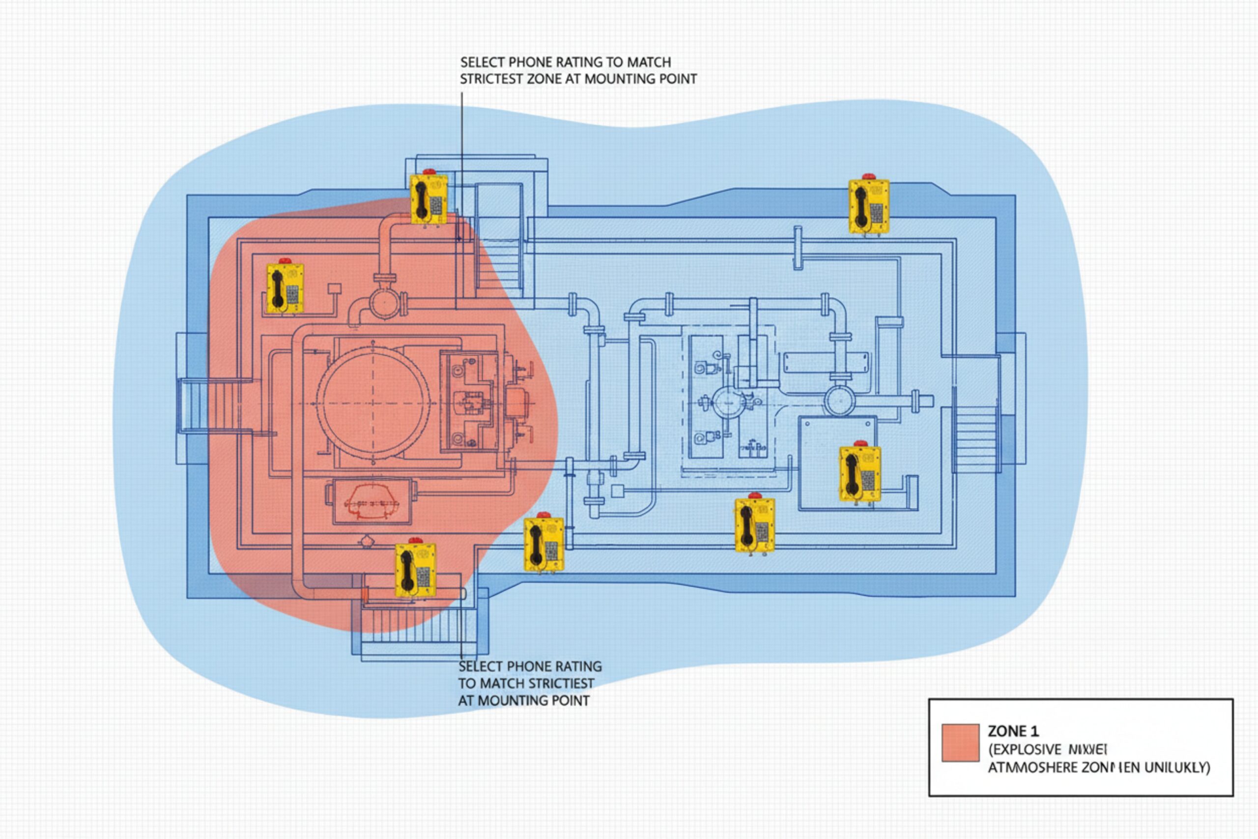 Hazardous area zone classification diagram showing Zone 1 and Zone 2 phone placement