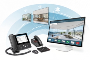 Unified communications setup with IP phone, conference screen, and video intercom interface