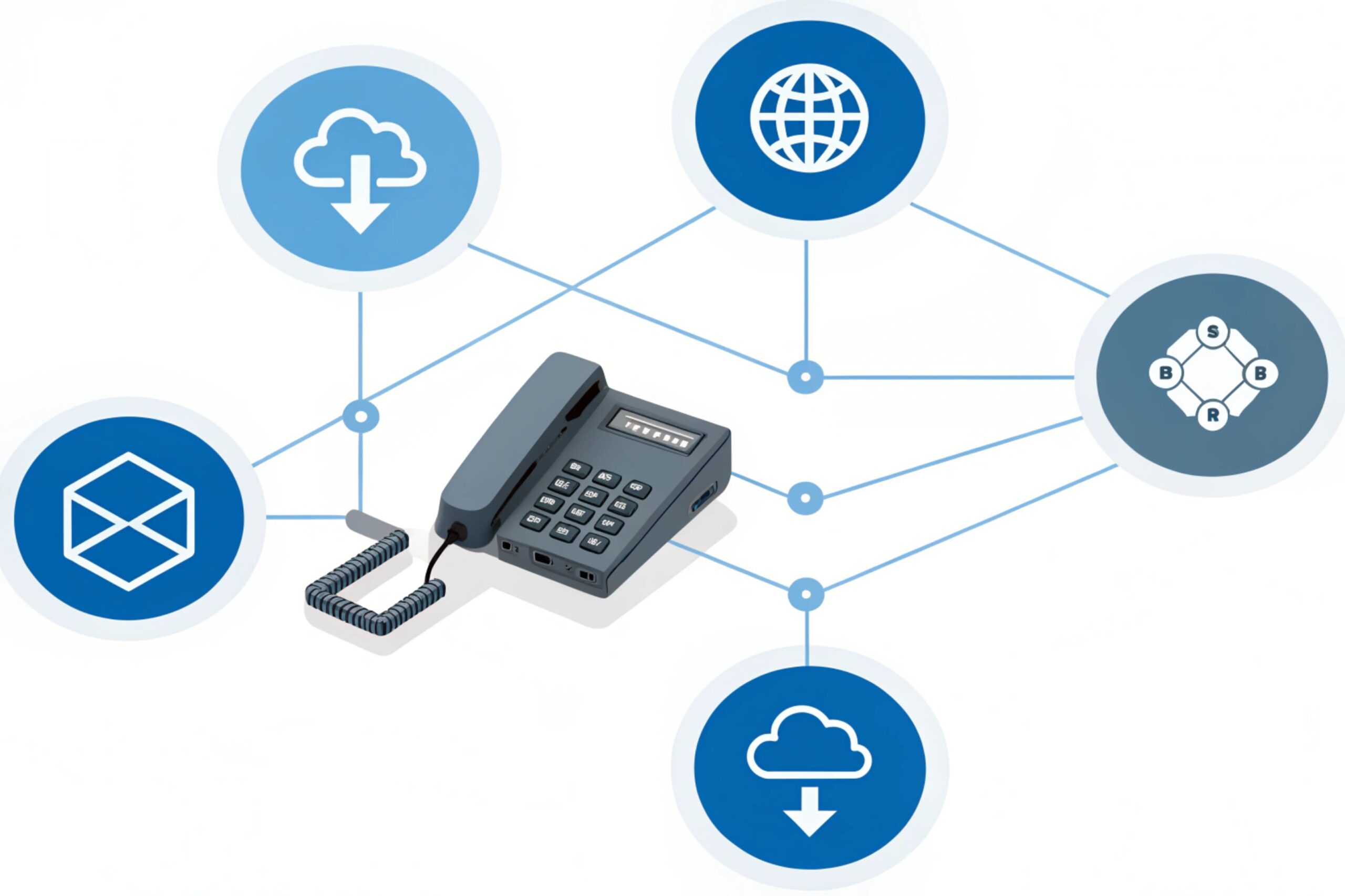 VoIP SIP desktop phone connected to cloud and network services illustration