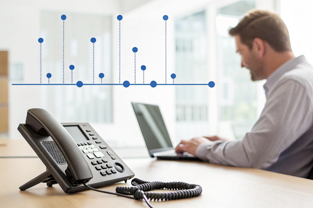 IP phone with call analytics overlay while employee works on laptop