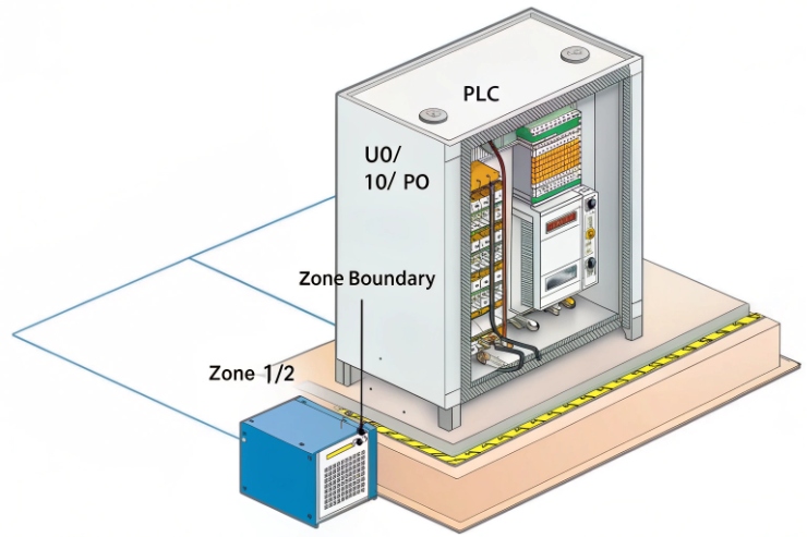 Diagram shows PLC cabinet zone boundary for hazardous area installation and remote module.