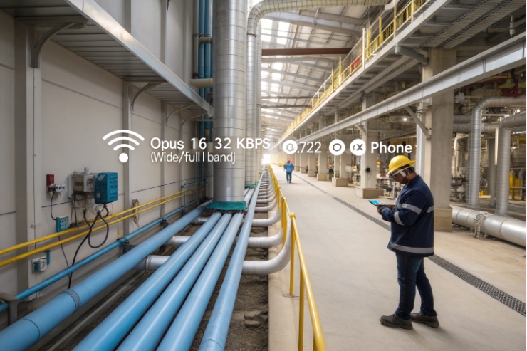 Industrial facility hallway where technician tests Opus and G.722 codecs on mobile phone.