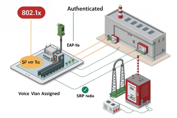 802.1X EAP-TLS network diagram for authenticated voice VLAN and SRTP media