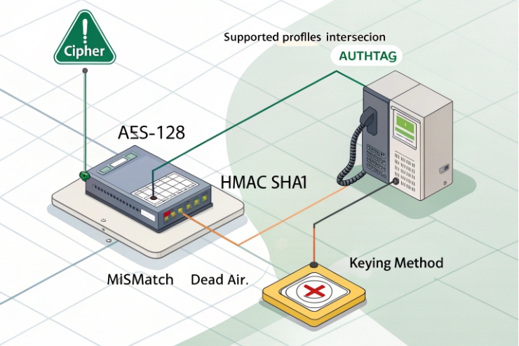 SRTP cipher mismatch graphic with AES-128, HMAC-SHA1, and keying method conflict