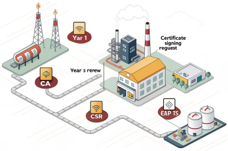 Isometric certificate lifecycle/provisioning graphic showing CSR generation, CA signing request, and periodic certificate renewal across sites