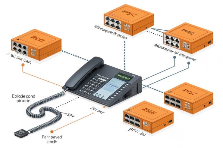 SIP desk phone integration diagram connecting to PLC and network interface modules