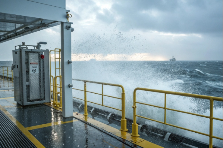 Weatherproof emergency call cabinet on offshore deck with waves crashing in storm