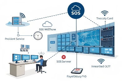 SOS emergency communication architecture with control center, cloud, server, and remote endpoints