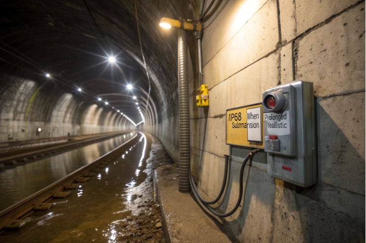 Tunnel emergency call box with IP68 submersion warning beside wet railway track