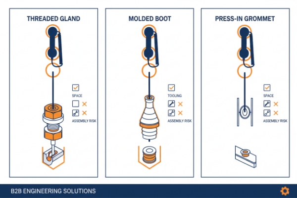 Illustration comparing cable sealing methods: threaded gland, molded boot, and press-in grommet