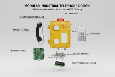 Modular industrial VoIP telephone design showing replaceable modules keypad and mainboard