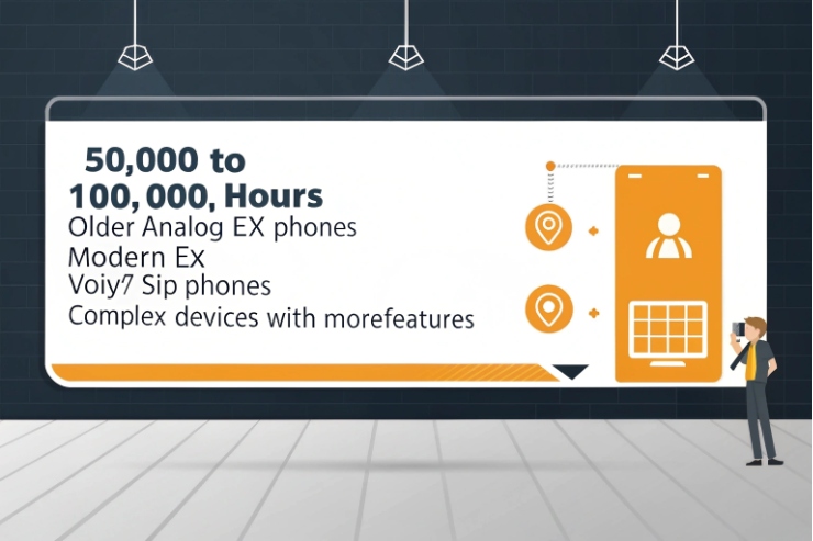 Reliability infographic showing 50,000 to 100,000 hours MTBF for EX phones