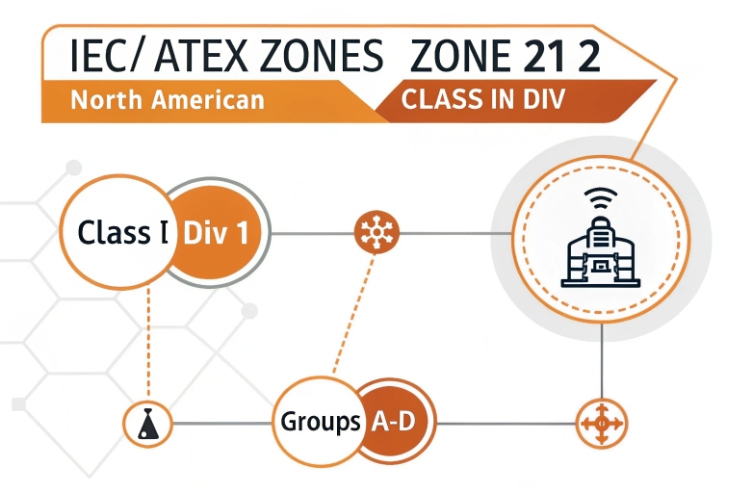 IEC ATEX zones infographic mapping to North American Class I Division groups A-D.