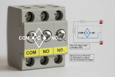 Relay terminal block showing COM, NO, NC contacts for alarm signal wiring