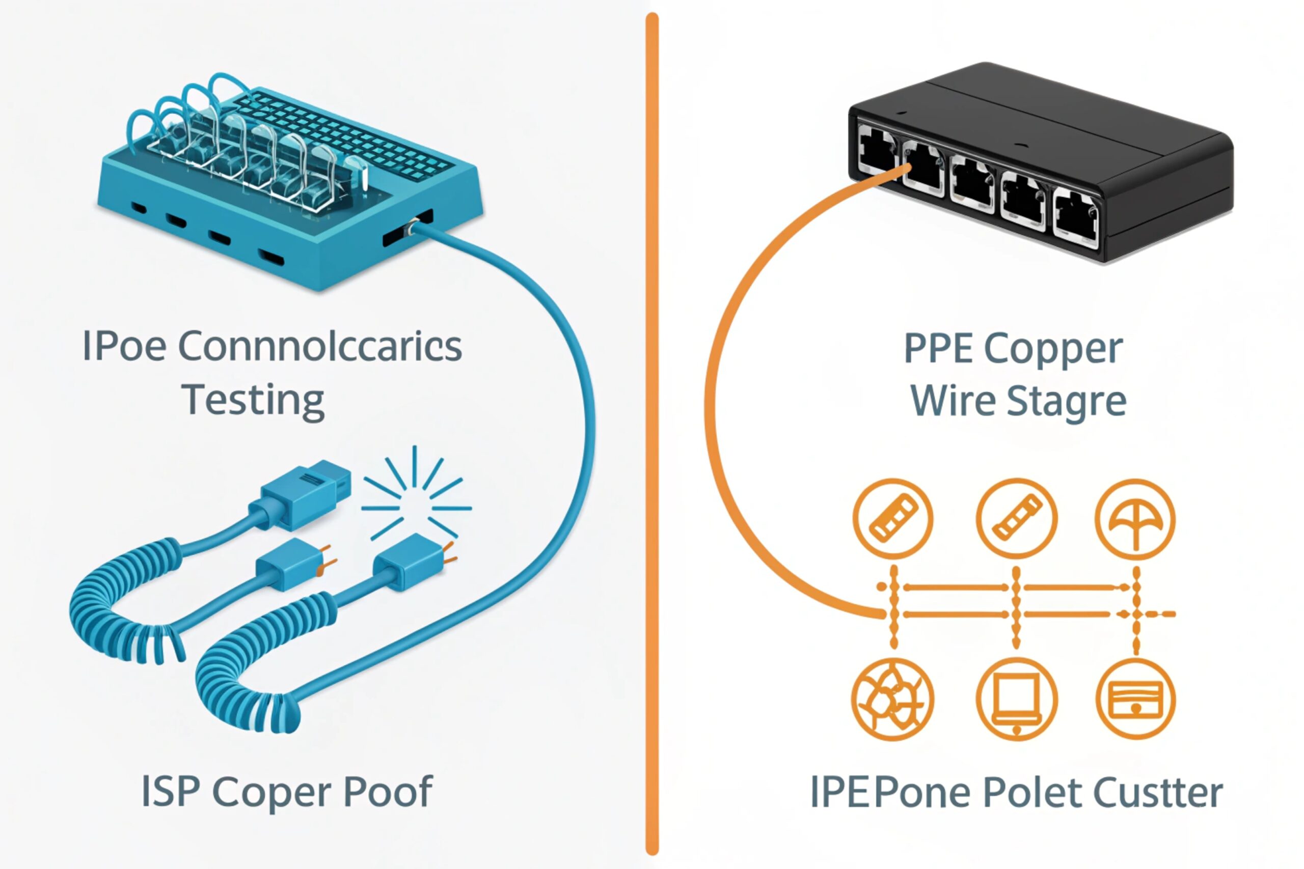 Comparison infographic: PoE/connector testing on the left vs copper/Ethernet wire stage on the right, with network-device icons