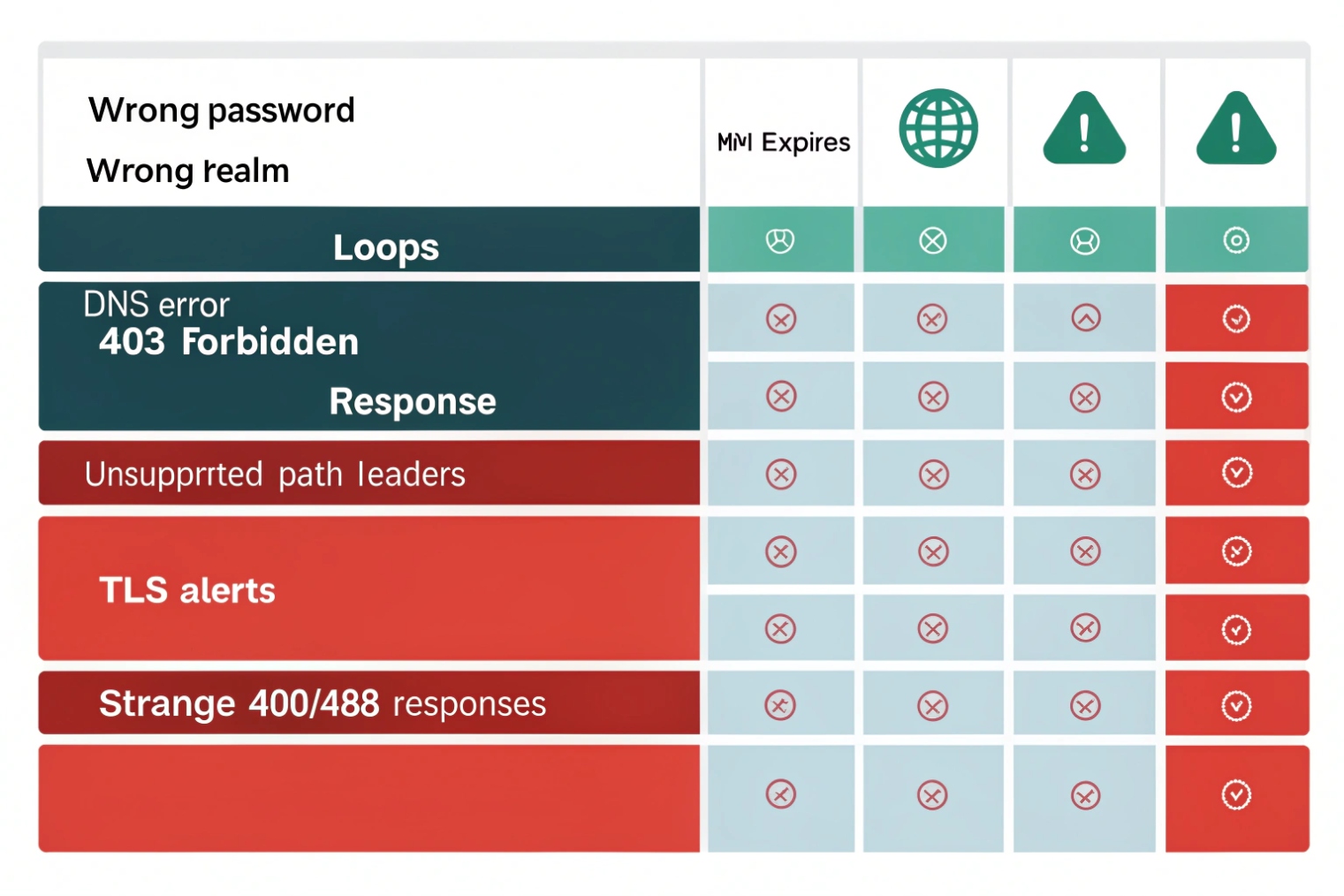 SIP troubleshooting table listing loops DNS errors TLS alerts and 400 responses