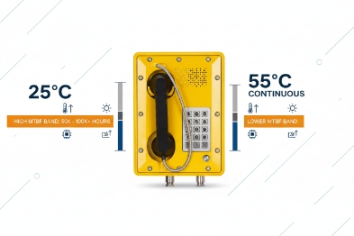 Yellow industrial SIP phone rated for 25°C to 55°C continuous operation