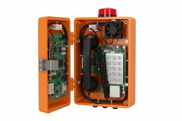 Open industrial SIP emergency phone showing internal PCB, handset, and keypad module