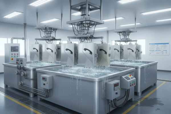 Ingress protection lab with immersion tanks verifying waterproof industrial SIP phone housings