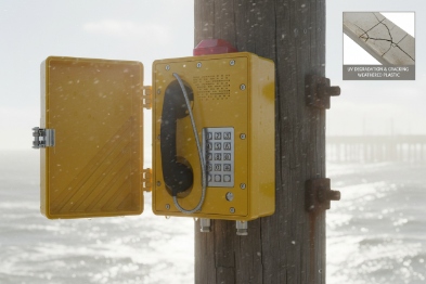 Industrial weatherproof SIP phone on pole exposed to sea spray and rain