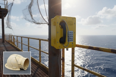 Yellow SIP industrial telephone mounted on offshore railing with sea view