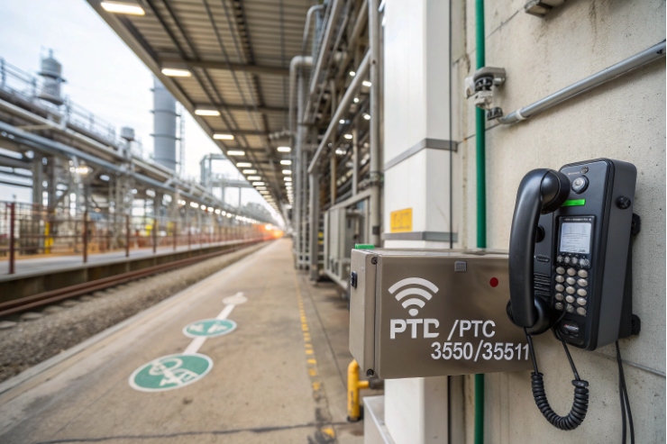 Weatherproof industrial VoIP hotline phone installed at refinery walkway for remote communication.