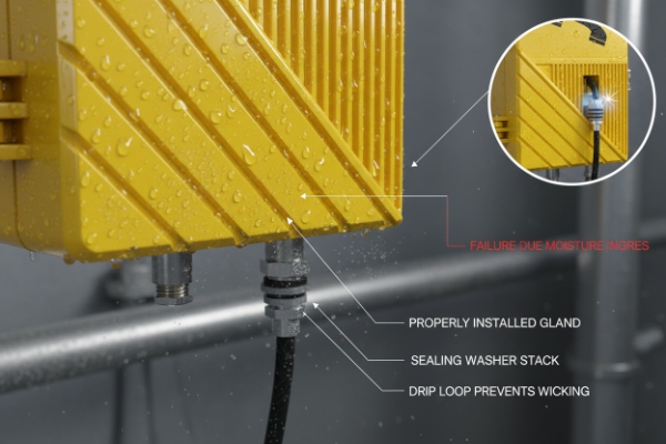 Close-up of cable gland and drip loop showing proper sealing to prevent moisture ingress