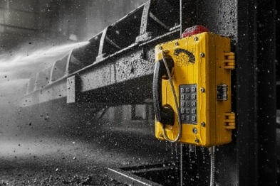 Rugged IP67 industrial SIP phone being pressure-washed in wet environment for heavy-duty use