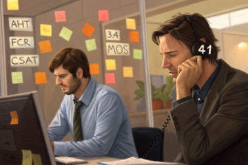 DJSlink customer support agent on headset with MOS and AHT metrics board behind