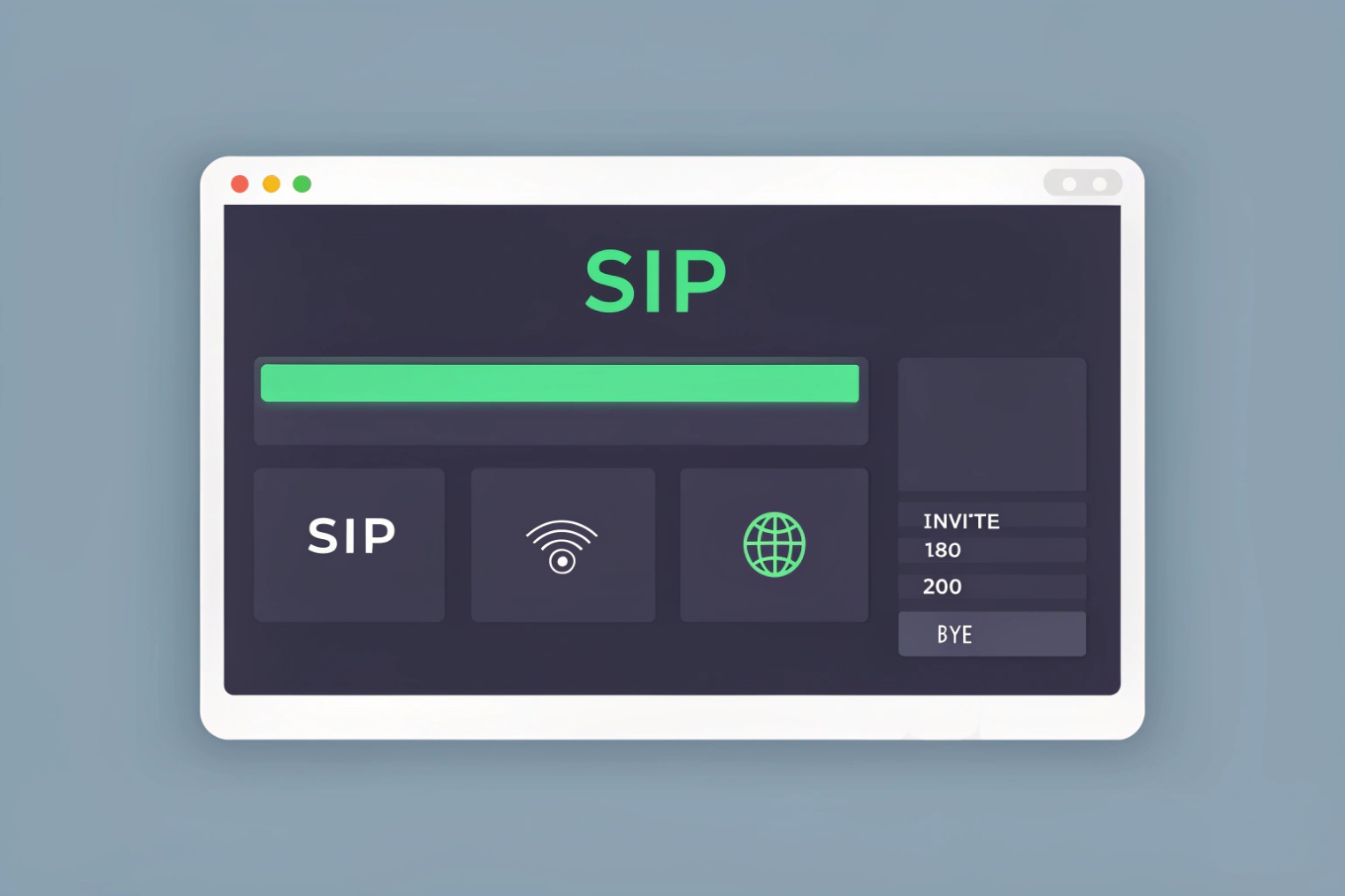 Minimal SIP signaling dashboard interface showing invite 180 ringing 200 OK bye