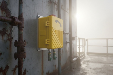Closed yellow industrial phone enclosure on corroded wall in marine mist