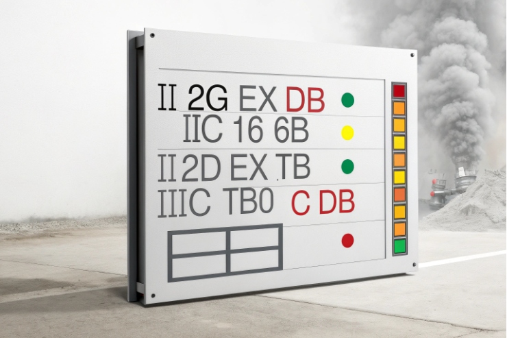 ATEX nameplate with Ex markings and status indicators for hazardous area equipment.