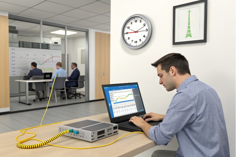 Network engineer using a laptop connected by Ethernet to a test appliance while monitoring traffic graphs in an office