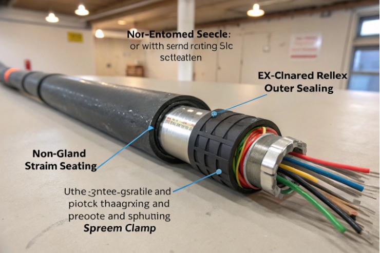Explosion-proof cable gland sealing diagram with strain relief and outer sealing