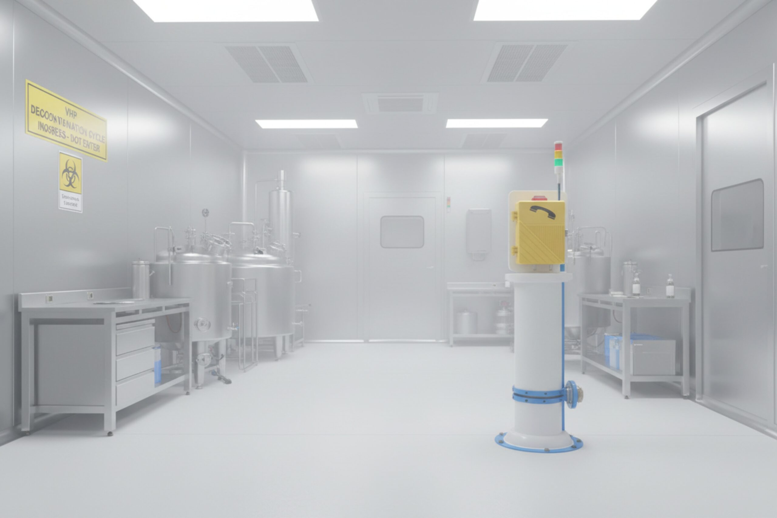 Sterile room with explosion-proof SIP phone on pedestal and decontamination signage for safety