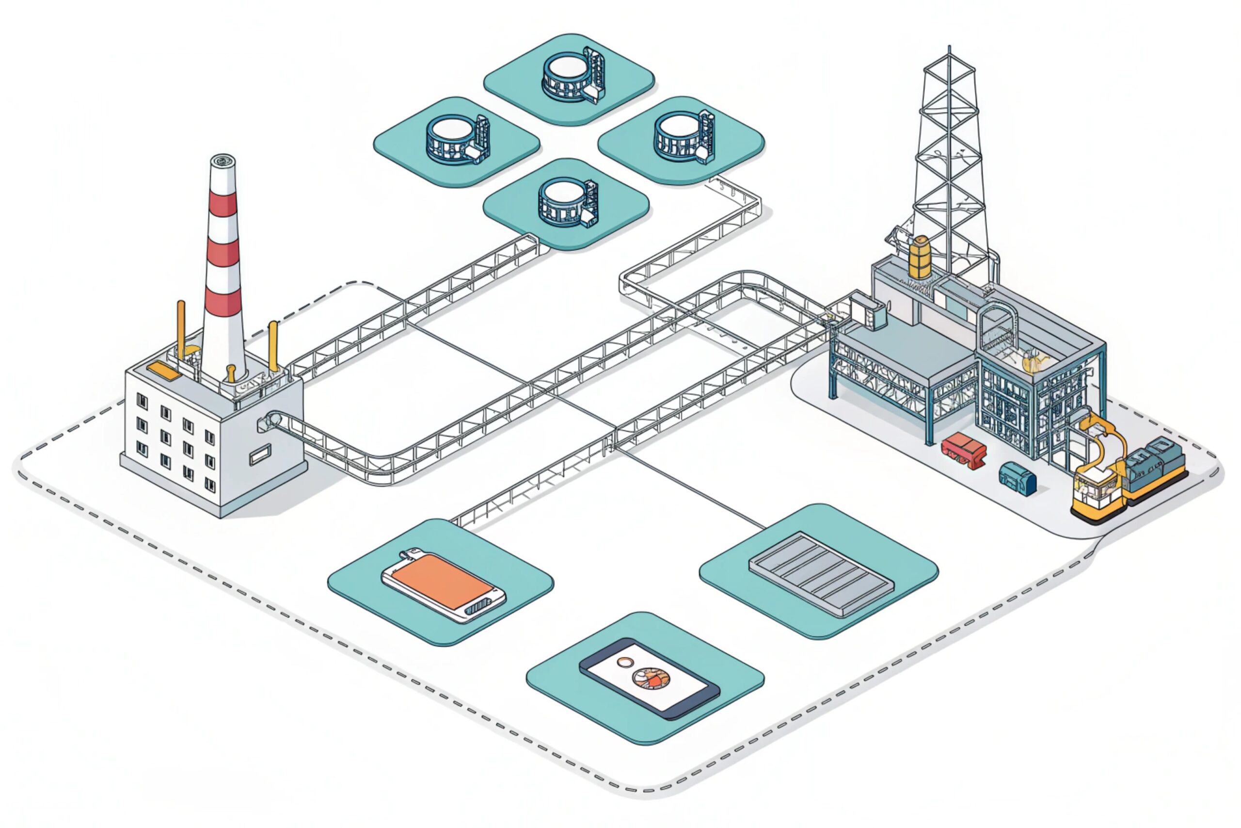 Industrial facility IoT diagram showing connected equipment, mobile devices, and centralized monitoring system
