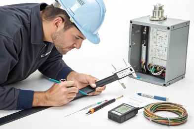 Technician in a hard hat using a caliper and tools at a workbench, inspecting/measuring cables and a small device; an open metal junction box with wiring is nearby