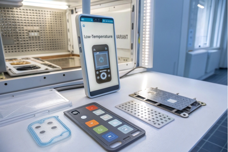 Low-temperature SIP phone parts and keypad samples arranged on lab bench for testing.