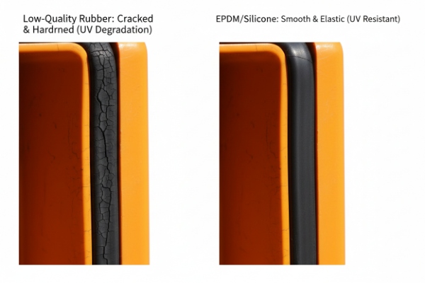Side-by-side comparison of cracked rubber seal versus smooth UV-resistant gasket