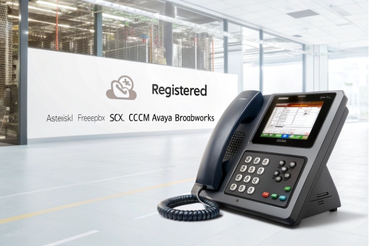 IP desk phone registered to SIP server, compatible with FreePBX and Avaya systems.